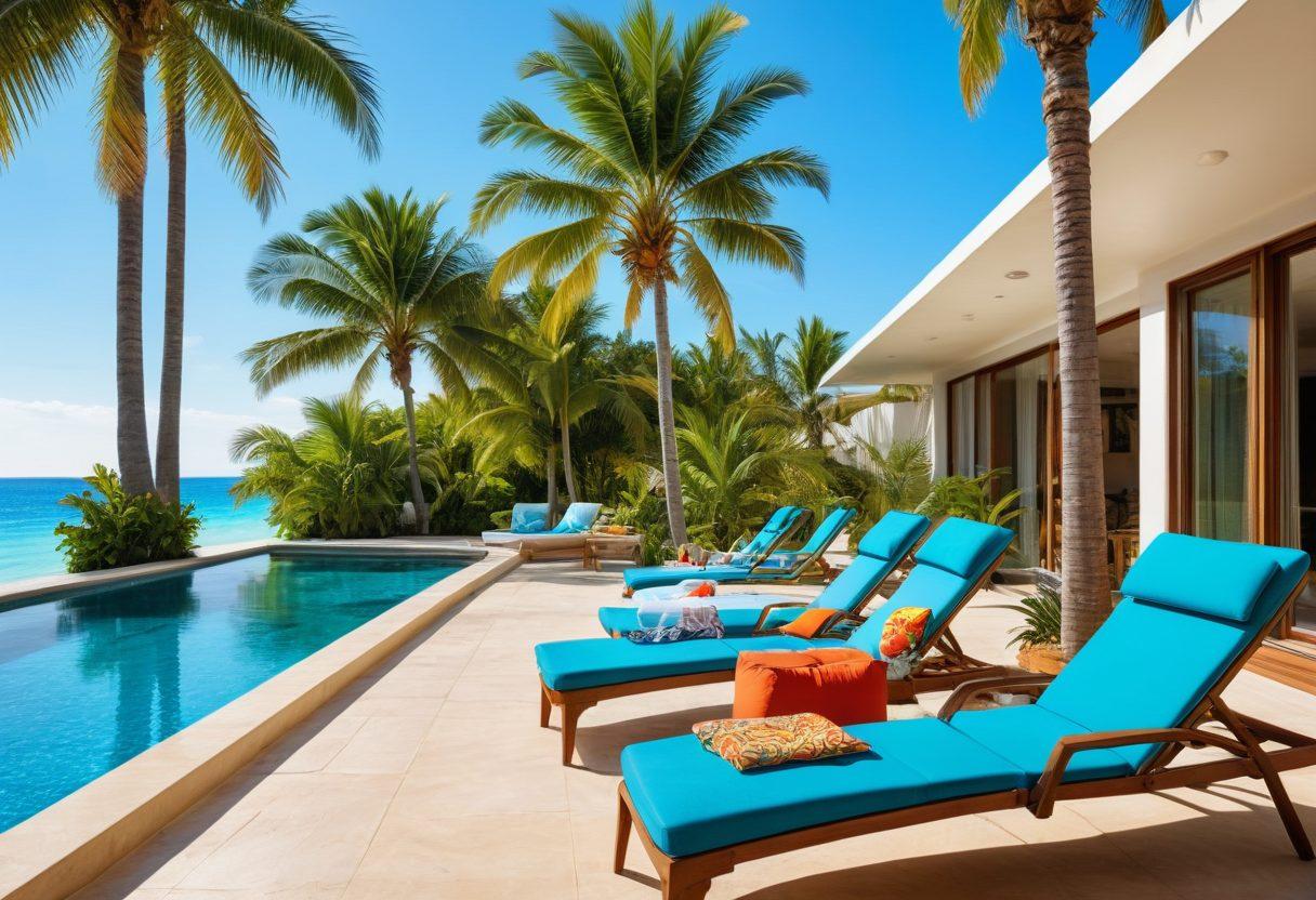 A luxurious beach scene featuring stylish beachwear displayed on colorful lounge chairs. Include sunbathers enjoying the sun, with a sparkling pool in the background surrounded by tropical palm trees. Use vibrant colors to highlight various fashionable swimsuits and accessories, ensuring a chic and inviting atmosphere. super-realistic. vibrant colors. tropical paradise.